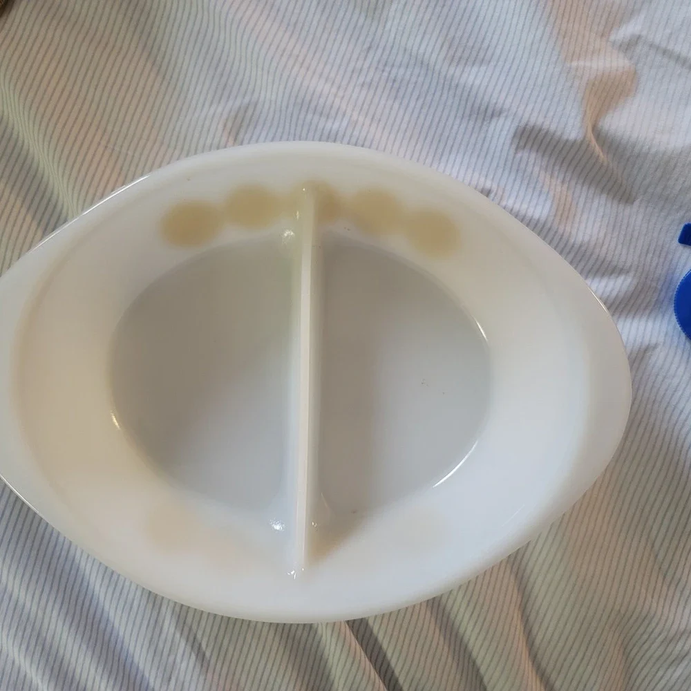 Vintage Glasbake Divided Serving Dish Golden Flower‎ Pattern Milk Glass